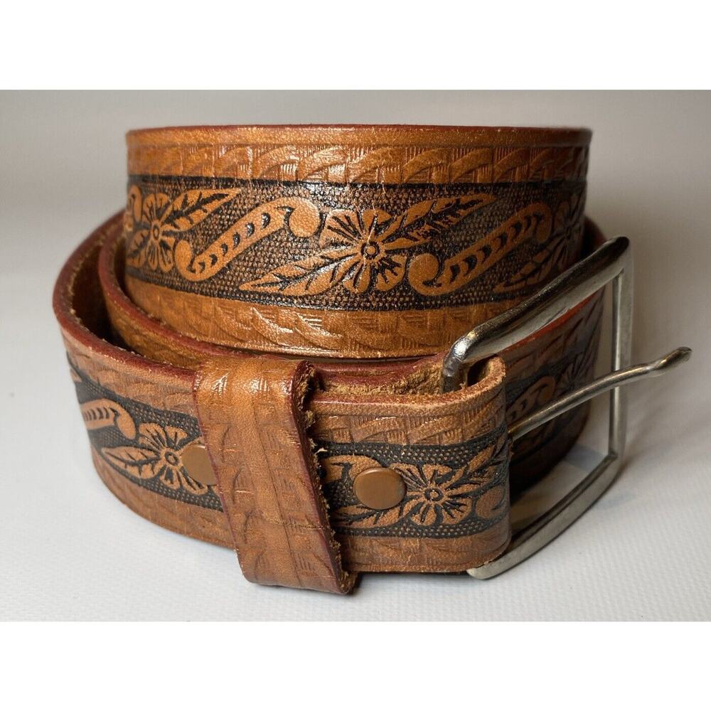Rockmount Western Brown Floral Saddle Leather Hand Finished Belt Cowboy Size 34